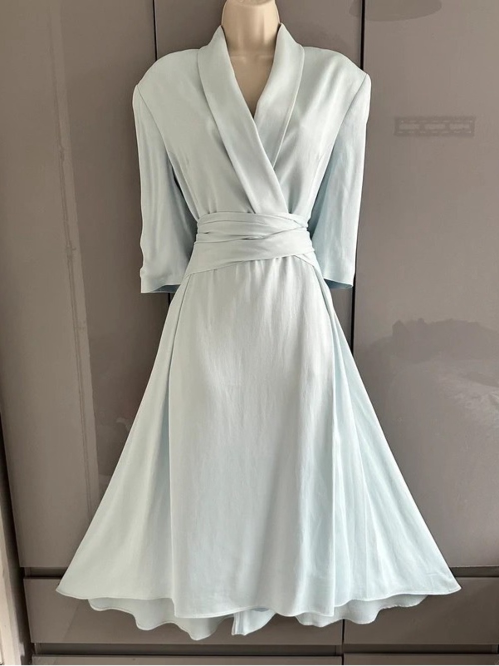 Light Blue Wrap-Style Maxi Dress with Shawl Collar